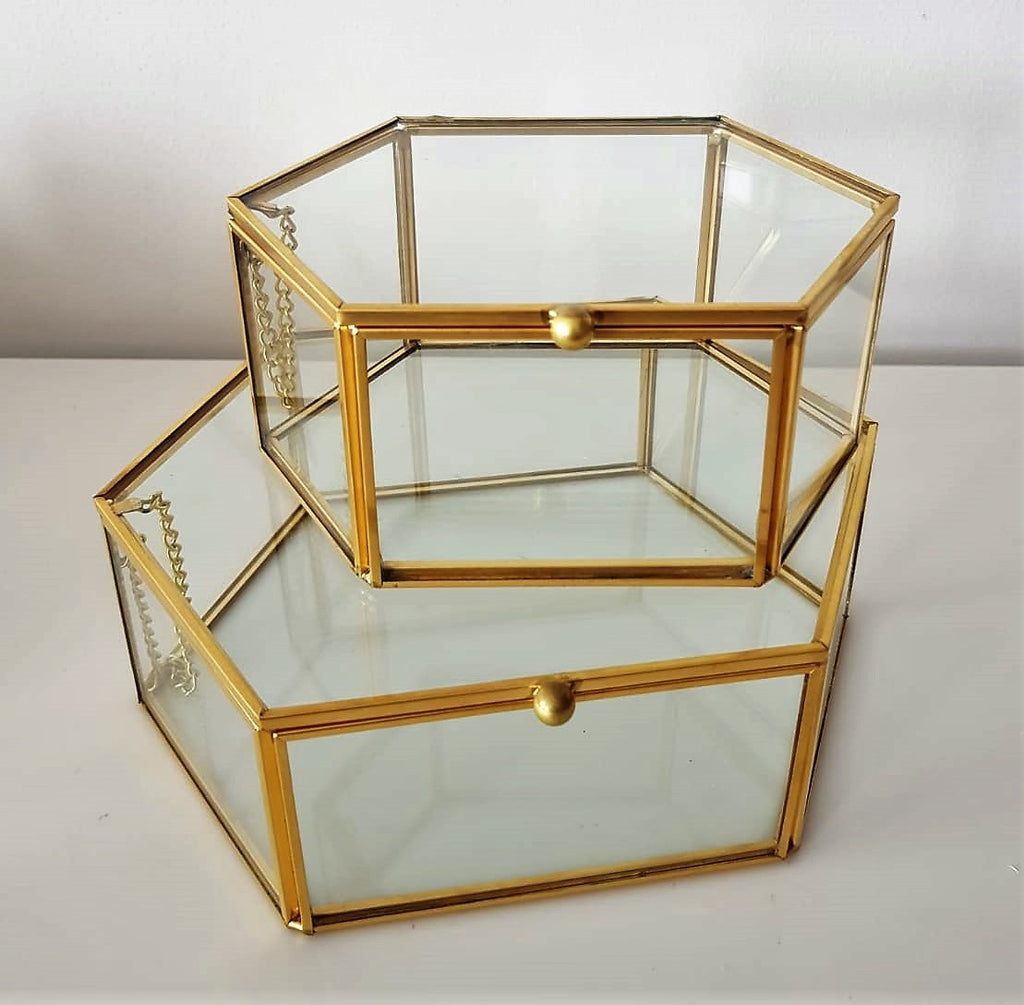 Gold geometric terrarium/ring boxes (Long Hexagon Box)-Geometric Terrarium-1stAvenue